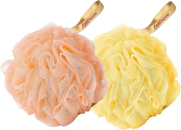 Midazzle Luxury Bathing Loofah Sponge Scrubber Exfoliator for High Lather Cleansing (Pack of 2, Peach and Yellow)
