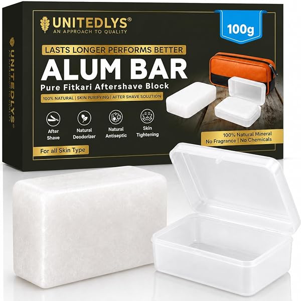 UNITEDLYS Premium Alum Bar 100G with Travel Case | Natural After Shave Lotion Alternative | Fitkari Stone for Skin Tightening & Water Purification | Crystal White Alum Stone Bar for Underarms & Shaving | Gentle & Effective Phitkari