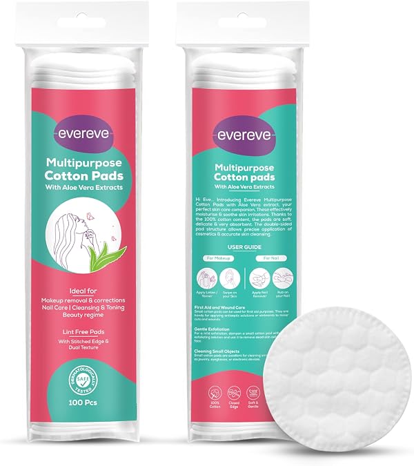 Evereve Multipurpose Cotton Pads, 200 Pcs, 100% Cotton, With Aloe Vera Extracts, Embossed, Double Sided, For Skin Cleaning, Eye & Face Makeup Removal, Nail Polish Removal, Pack of 2 (100's each)