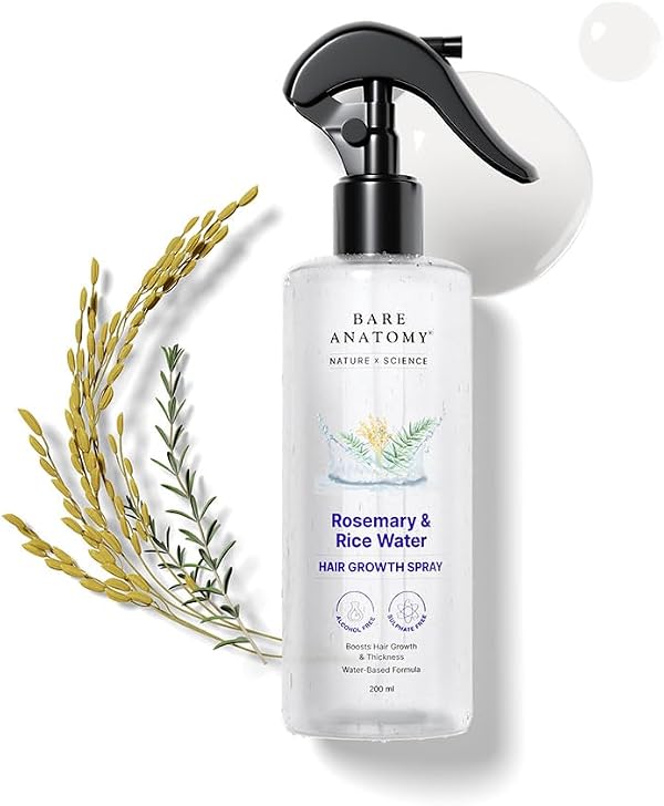 Bare Anatomy Nature x Science Rosemary Water Spray for Hair Growth & Hair Thickness with Rice Water | 100% Natural Extract | Soft & Smooth Hair | Controls Hairfall & Adds Shine | Non-Greasy & Fast Absorbing | 200 ml