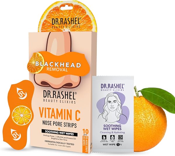 DR.RASHEL Beauty Elixirs Vitamin C Nose Pore Cleansing Strips with Witch Hazel Extracts for Blackhead & Impurity Removal 5 Strips + 5 Soothing Wet Wipes Pack of 10