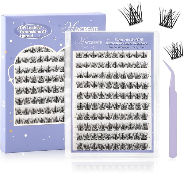MAYCREATE® 100Pcs Self Adhesive Eyelashes, Self Adhesive Eyelash Clusters, Lash Cluster Press On Lashes Stick Cluster Lashes Pre Glued Eyelash Clusters with Tweezer No Glue Needed, 11-13mm