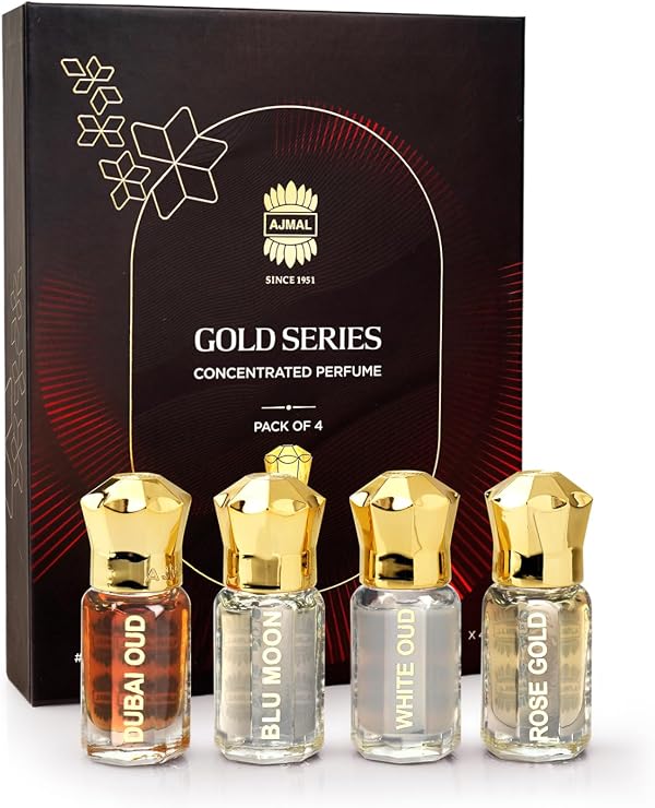 Ajmal Gold Series Attar Perfume Gift Set Pack of 4, Dubai Oud, Blu Moon, White Oud, Rose Gold - 5ml each Non-Alcoholic Attar | Alcohol-Free Ittar for Men & Women | Versatile Office/Work Unisex Cologne