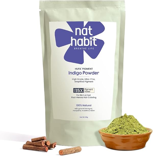 Nat Habit Organic Indigo Powder, Natural Hair Color for Black Hair, HUFA, Indigo Leaf Powder for Rich and Fast Post-Henna Coloring, Chemical Free (Pack of 1 X 85g)