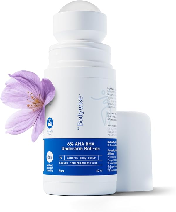 Be Bodywise 6% AHA BHA Underarm Roll-on Deodorant for Even Tone Skin,Reduces Body Odor & Pigmentation | 1% Mandelic, 4% Lactic, 1% Salicylic & Kojic Acid, Alcohol & Aluminum Free |Flora Fragrance,50ml