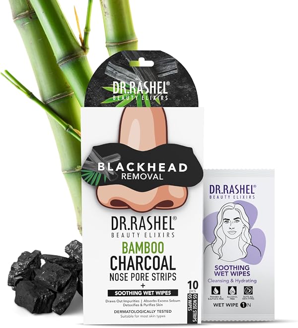DR.RASHEL Beauty Elixirs Bamboo Charcoal Nose Pore Strips with Activated Charcoal & Tea Tree Oil, Oil Control, Deep Cleansing & Blackhead Removal, Pack of 10 (5 Strips + 5 Wipes)