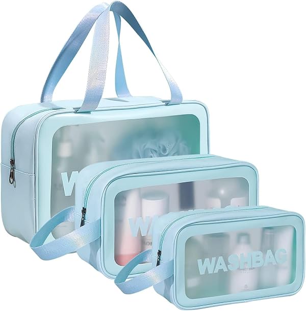 PVC Makeup Bag Travel Toiletries Organizer Cosmetic Bags Wash Bag Pouch for Travel Kit Toiletry Bag Portable Organizer Case Carry Pouch for Women Bathroom Set of 3 (Multi-Colors)