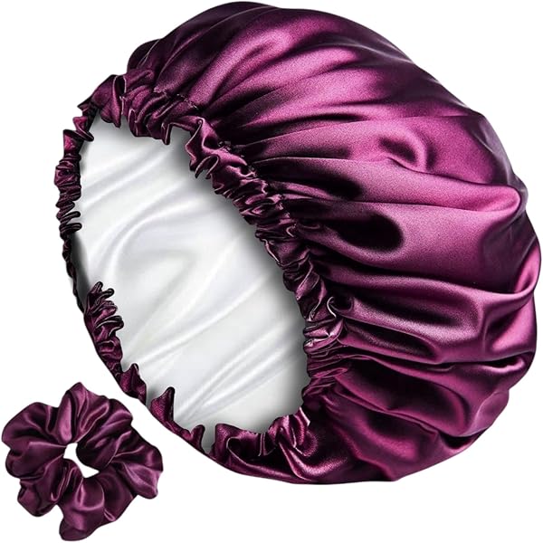Luxury Satin Silk Hair Bonnet Cap for Sleeping with Satin Scrunchie | For Women & Girls | For Curly & All Hair Types - Wine
