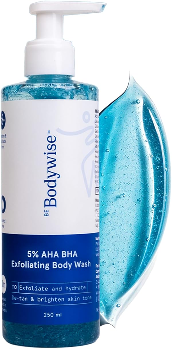 Be Bodywise 5% AHA BHA De-Tan Exfoliating Body Wash 250ml | For Body Acne, Strawberry Skin, De-Tan | Infused with 3% Lactic Acid, 1% Salicylic Acid, 1% Glycolic Acid | Non-Drying, Paraben Free