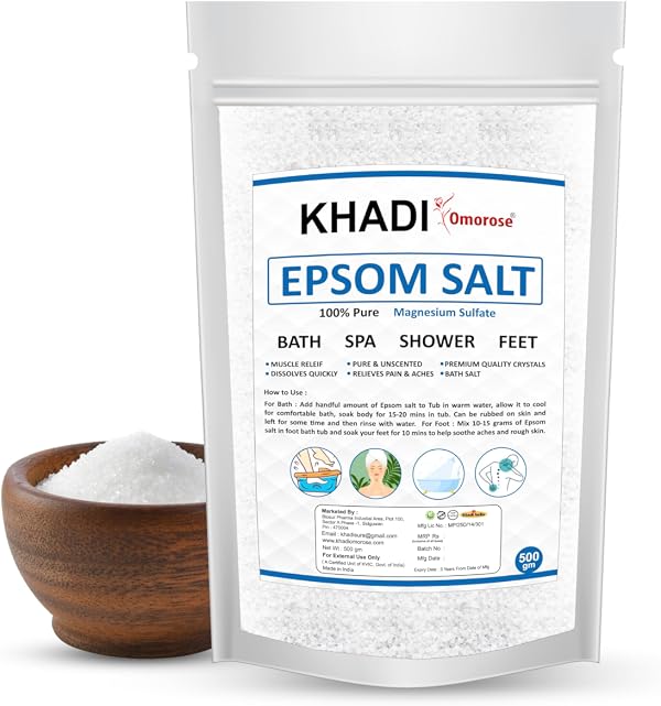 Khadi Omorose Epsom Bath Salt Crystal and Bath | For refreshing bath soak | Foot Spa | Relieves aches & pain - 500 Gram