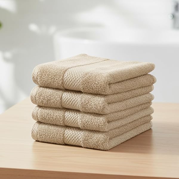 Earthy Fables Premium Face Towels - 100% Combed Cotton, 600 GSM, Ultra Soft, Quick Dry & Highly Absorbent, for Gym, Travel & Acne-Prone Skin, 30x30 cm, Set of 4 (Beige)