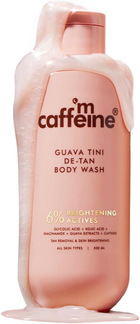 mCaffeine 1% Glycolic Acid Detan Body Wash 300ml | 2% Niacinamide, 3% Kojic Acid-Glutathione | Bodywash for Women & Men| Brightens, Hydrates, Reduces Dark Spots & Evens Tone | Guava Shower Gel for Dry Skin