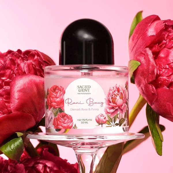 Sacred Grove Rani Baug Floral Hair Perfume for Women, Damask Rose & Peony Hair Mist, Up to 8-Hour Long-Lasting Fragrance, Enriched with Aloe Vera, Glycerine & Rosemary, 50 ml