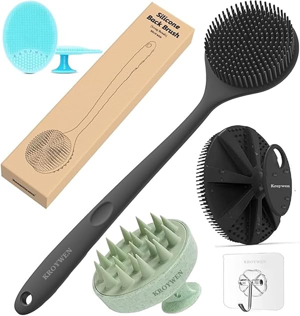 KROYWEN Soft Silicone Back Scrubber Long Handle Bath Brush + Body Scrubber Bath Brush + Scalp Massager for Hair + Face Scrubber Brush, Combination Combo, Super-Exfoliating & Lathering Body Scrubber, Shower Brush | BPA-Free | for Men and Wom