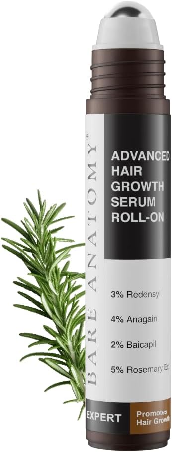 Bare Anatomy Advanced Hair Growth Serum Roll-On| 3% Redensyl + 4% Anagain + 2% Baicapil + 5% Rosemary, Rice Water, Biotin & Saw Palmetto| Reduces Hair Fall, Supports Hair Growth for Men & Women | 25ml