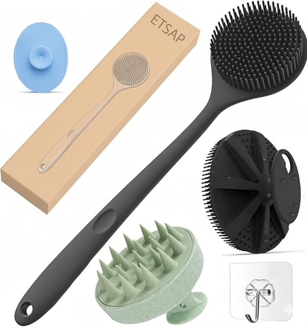Soft Silicone Back Scrubber Long Handle Bath Brush + Body Scrubber Bath Brush + Scalp Massager for Hair + Face Scrubber Brush, Combination Combo, Super-Exfoliating & Lathering Body Scrubber, Shower Brush | BPA-Free | for Men and Women (With