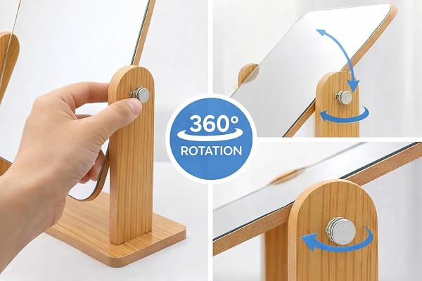 Wooden Tabletop Makeup Mirror 360 Degree Portable Adjustable Table Desk Mirror Vanity Make up Bathroom Living Room Shave Make up Mirror Big