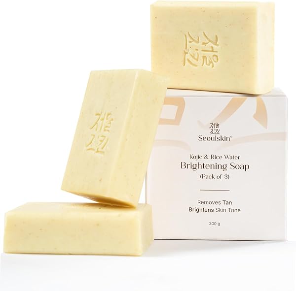 Seoulskin Kojic & Rice Water Brightening Soap | For Pigmentation, Dark Spots, Sun Damage | Glowing & Brightening Soaps for bath | Tan Removal Soap Bar for men and women | Brightens Underarms | Paraben Free | All Skin Types |100g (Pack of 3)