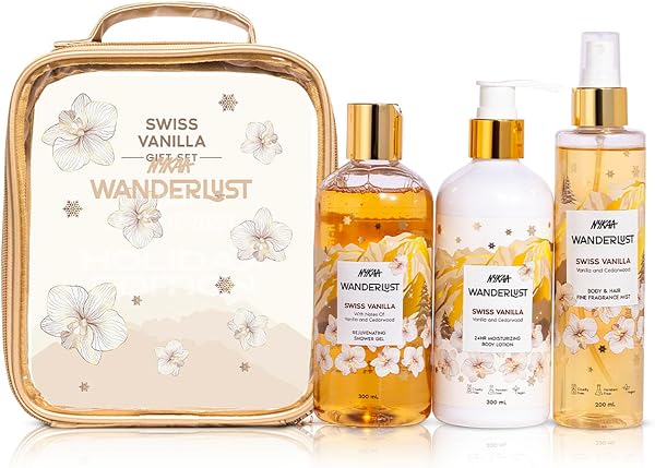 Nykaa Wanderlust Gift Set for Women – Swiss Vanilla Body Care Kit (700ml) | Warm Vanilla & Cedarwood Fragrance Notes | Shower Gel, Lotion, Body Mist with Free Pouch | Premium ,Birthday & Anniversary Gifting Combo | Pack of 3