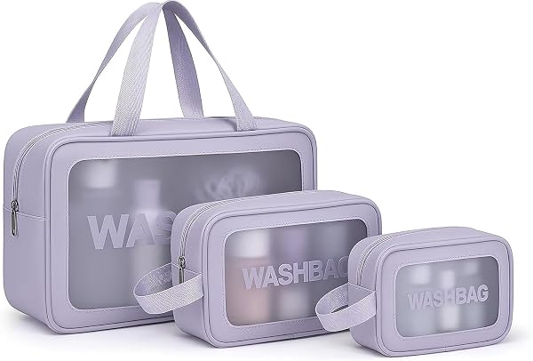 RIXTEV PVC Makeup Bag Travel Toiletries Organizer Cosmetic Bags Wash Bag Pouch for Travel Kit Toiletry Bag Portable Organizer Case Carry Pouch for Women Bathroom Set of 3 (Purple)