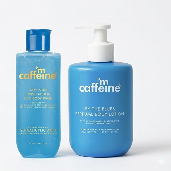 mCaffeine 2% Salicylic Acid Perfume Body Wash (250ml) + 5% Niacinamide & Glutathione Body Lotion (300ml) | Detan, Brightening & 72H Moisturization | Aqua Fresh Body ComboFor Men & Women