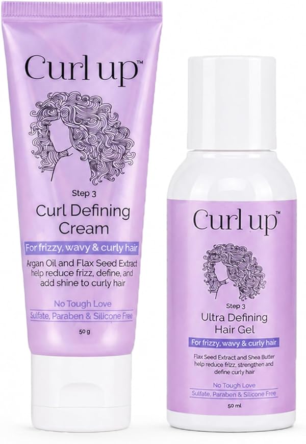 Curl Up Curl Styling Combo with Curl Defining Cream & Ultra Defining Gel | For Dry Frizzy, Wavy and Curly Hair | Sulphate Paraben And Silicone Free | Travel Size - Combo of 2 - (50g + 50ml each)