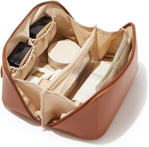 Large Capacity Travel Cosmetic Bag with Handle and Divider - Multifunctional Makeup Bag for Easy Access, Waterproof- (-Brown), 10 Cms