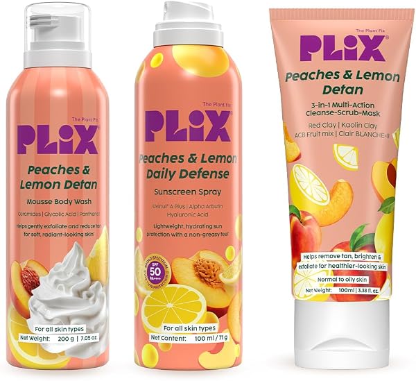 PLIX Peaches & Lemon De-Tan & Sun Protection Bodycare Combo | Sunscreen Spray SPF 50 PA++++ + Mousse Body Wash + 3-in-1 Mask | Brightens, De-Tans & Protects Skin