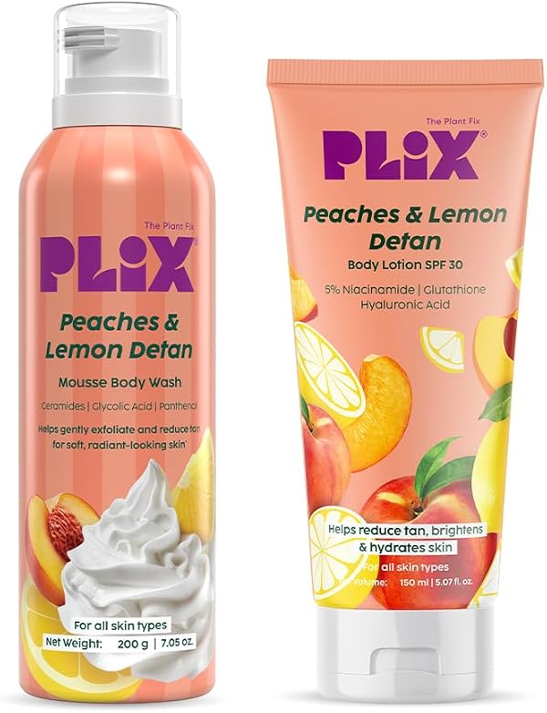 Plix Peaches & Lemon De-Tan Body Care Duo | Mousse Body Wash & Brightening Body Lotion With SPF 30 for Smooth, Hydrated Skin