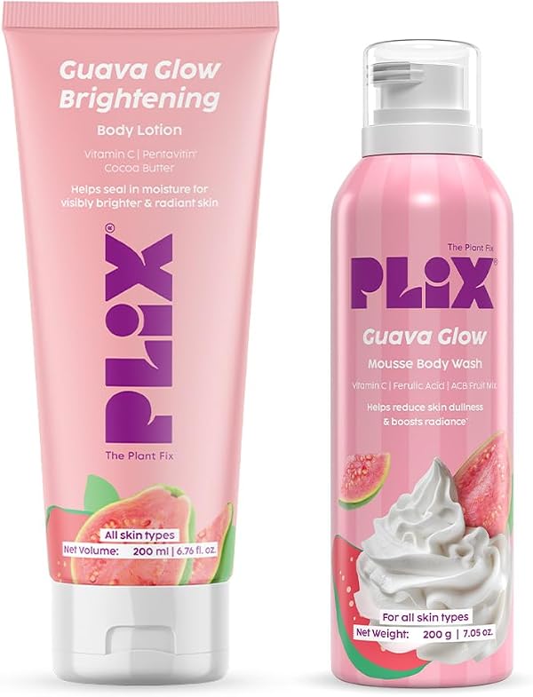 PLIX THE PLANT FIX Guava Glow Bodycare Duo | Whipped Mousse Body Wash & Brightening Body Lotion | Vitamin C Powered Glow & Hydration | Lightweight, Non-Greasy Moisturizing Care | For Soft, Smooth Skin | For Men & Women
