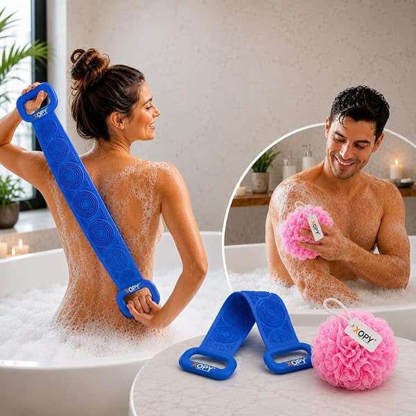 2-in-1 Bathing Belt & Loofah Combo for Men & Women | Silicone Back Scrubber with Double-Sided Exfoliating Design | Long Handle Body Scrubber with Mesh Bath Pouf for Deep Cleansing & Rich Foam
