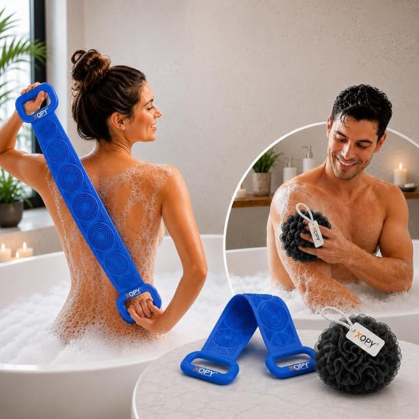 Silicone Bathing Belt & Loofah Combo for Men & Women | Double-Sided Back Scrubber with Long Handles for Deep Cleansing & Exfoliation | Soft Silicone Body Scrubber with Mesh Bath Pouf | Quick Dry & Skin Friendly
