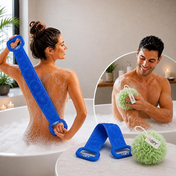 Silicone Back Scrubber Belt and Mesh Bath Loofah Pouf Combo, Double-Sided Exfoliating, Long Handle, 2 Count