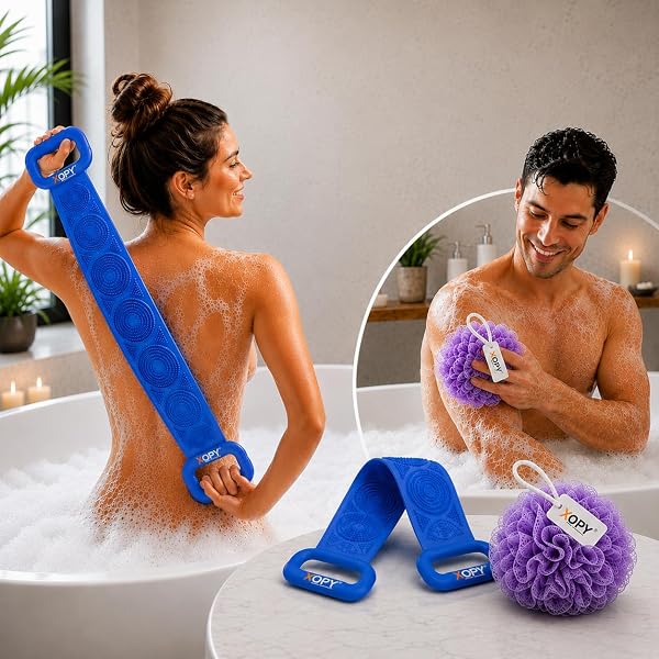 2 in 1 Silicone Back Scrubber Belt with Mesh Bath Loofah Pouf, Double-Sided Exfoliating Belt for Men & Women