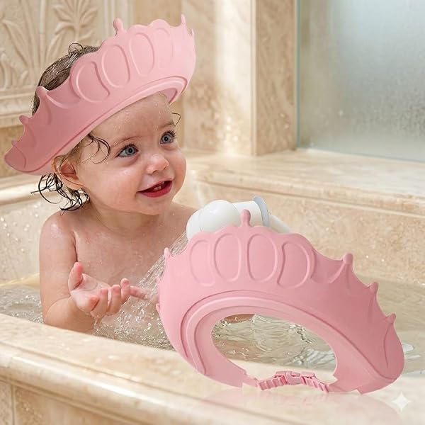 CrazyMart Baby Shower Cap Shield, Shower Cap for Kids,Bath Visor hat for Eye and Ear wash Protection for kids, Waterproof Shampoo hat for Children Toddler Girls Boys, 360° Silicone Bathing Crown (BABY SHOWER CAP PINK)