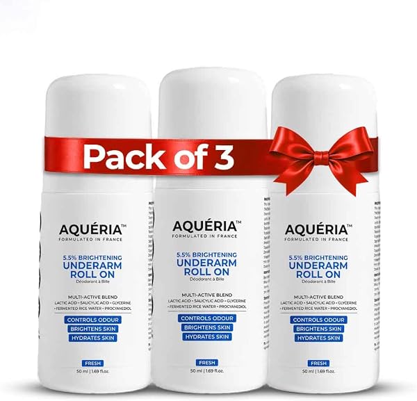 Aqueria Pack of 3 Underarm Brightening Roll-On for Men & Women | Lactic Acid, Fermented Rice Water & Glycerine | Helps Reduce Dark Underarms, Pigmentation & Uneven Skin Tone | Controls Body Odour | Fresh Fragrance | (50ml x 3)