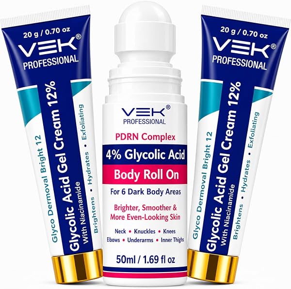 VSK Professional Glyco Bright Body Duo – 12% Glycolic Acid Cream Gel + 4% Glycolic Acid Roll-On with Niacinamide & PDRN Complex, for Dark Body Areas, Neck, Elbows, Knees & Underarms