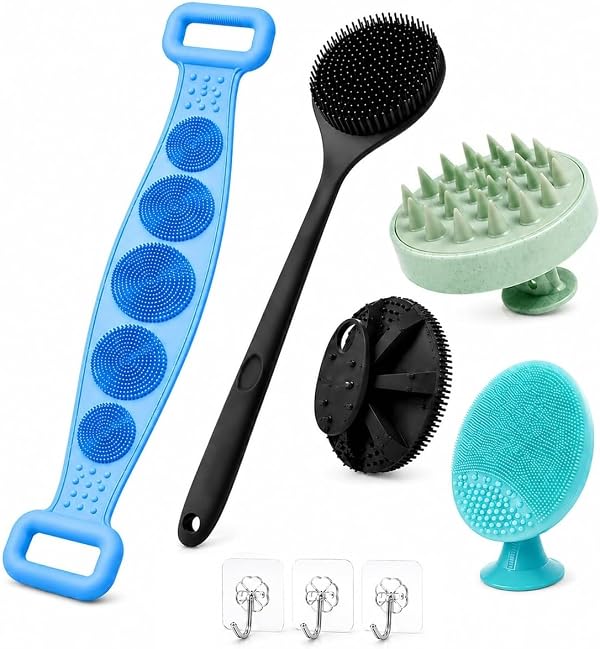 LUMONY® 5 -in-1 Soft Silicone Bath Brush Set | Back Scrubber Belt | Long Handle Back Scrubber + Body Scrubber + Scalp Massager + Face Massager | Super Exfoliating & Lathering Shower Brush | BPA-Free | For Men & Women (With A Free 3pcs Hook)