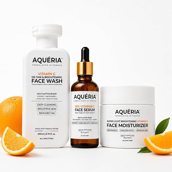 Aqueria 3 Full Size Products Vitamin C Brightening Skincare Combo | De-Tan Face Wash 200ml + 10% Vitamin C Serum 50ml + Super Light Brightening Moisturizer 100g | Niacinamide, Hyaluronic Acid | Glow, Hydration & Even Skin Tone | All Skin Ty