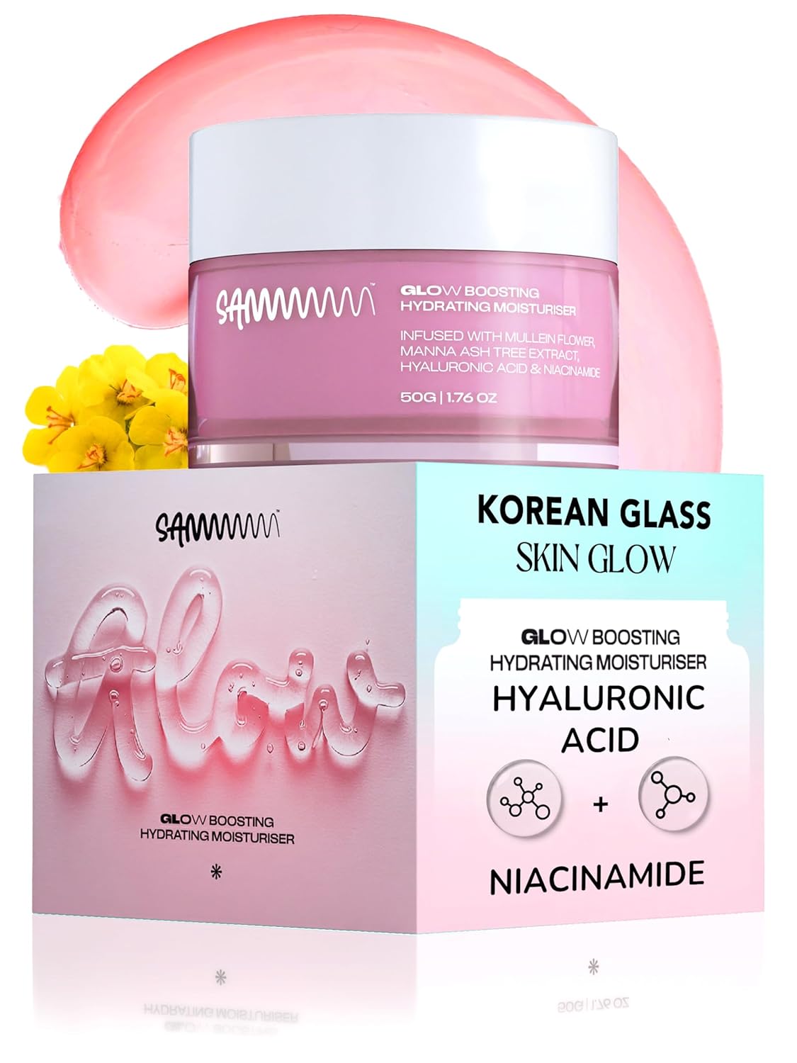 Sammmm GLOW Boosting Hydrating Face Moisturizer with UV Shield(50g) | Lightweight & Oil-Free | Moisturizer Gel for Korean Glass Skin | Made with Hyaluronic Acid, Niacinamide For All Young Skin Types